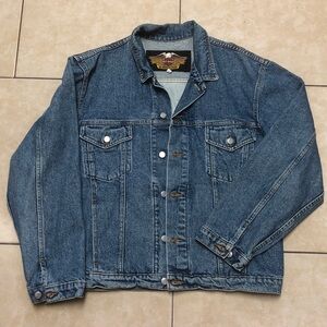 90s Vintage Harley Davidson Motorcycles Adult Blue Denim Jacket Eagle, Size XL